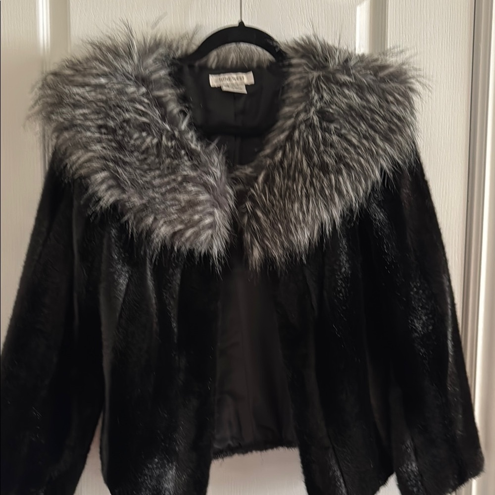 Nine West Black and Gray Teddy Jacket with Plush Fur Collar